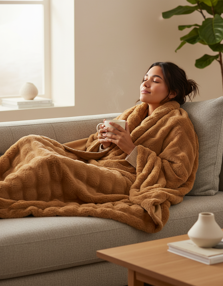 Fluffy Plaid met Structuur – Zachte Fleece Deken Bruin