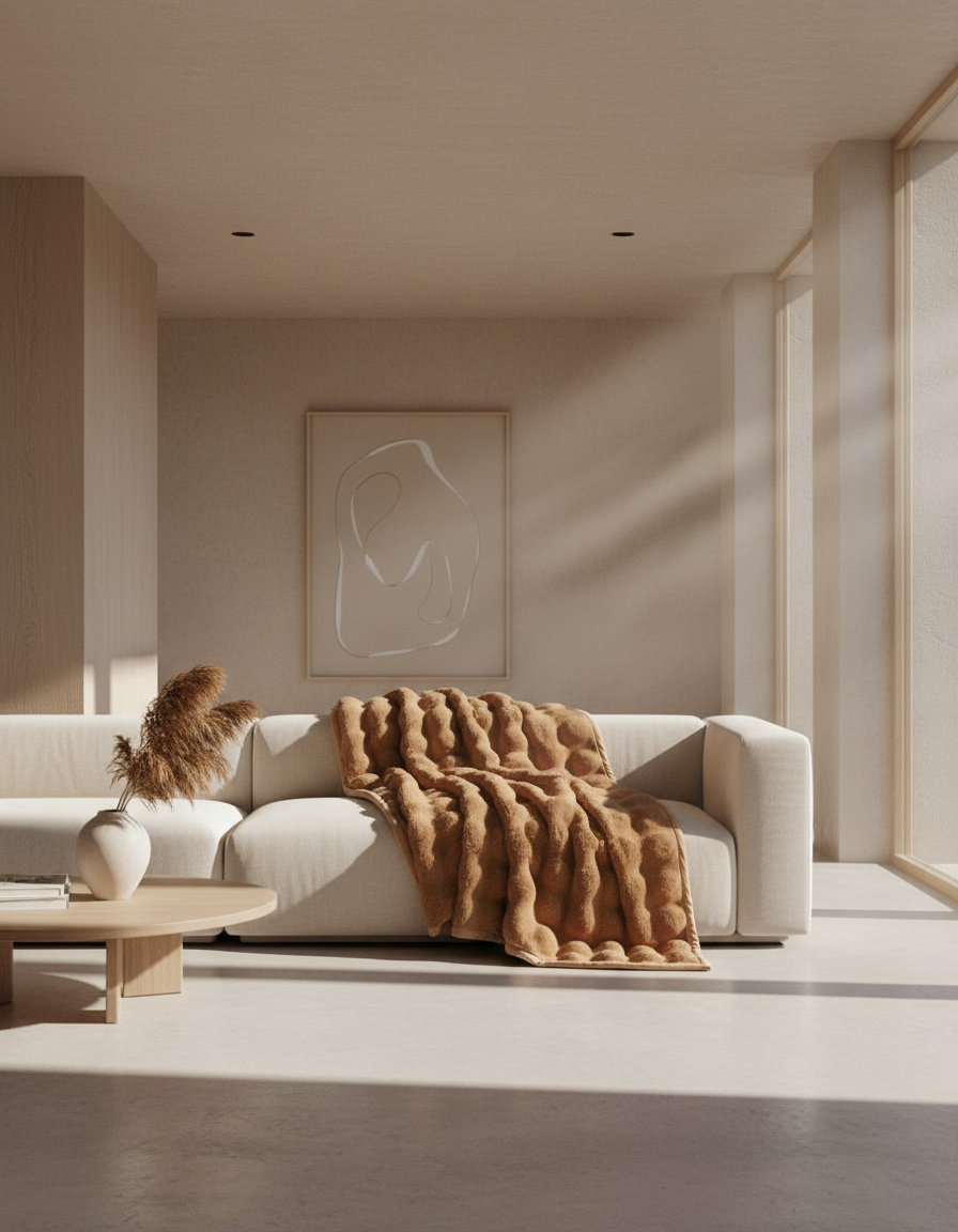 Fluffy Plaid met Structuur – Zachte Fleece Deken Bruin