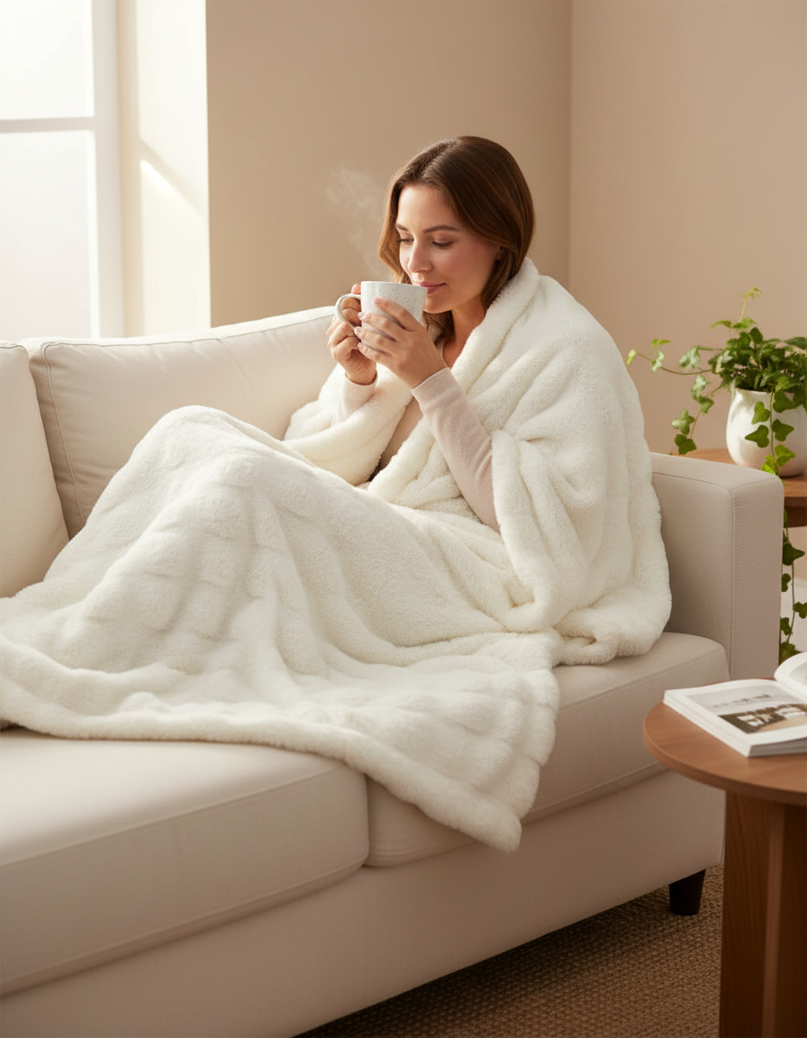 Fluffy Plaid met Structuur – Zachte Fleece Deken Wit