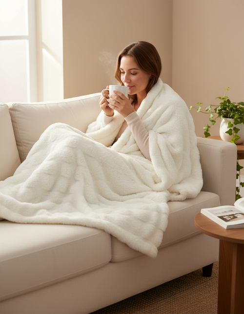 Fluffy Plaid met Structuur – Zachte Fleece Deken Wit