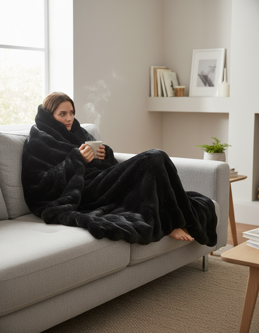 Fluffy Plaid met Structuur – Zachte Fleece Deken Zwart