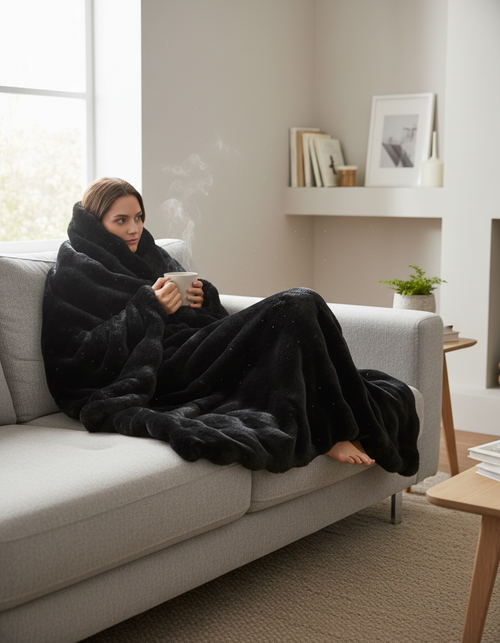 Fluffy Plaid met Structuur – Zachte Fleece Deken Zwart