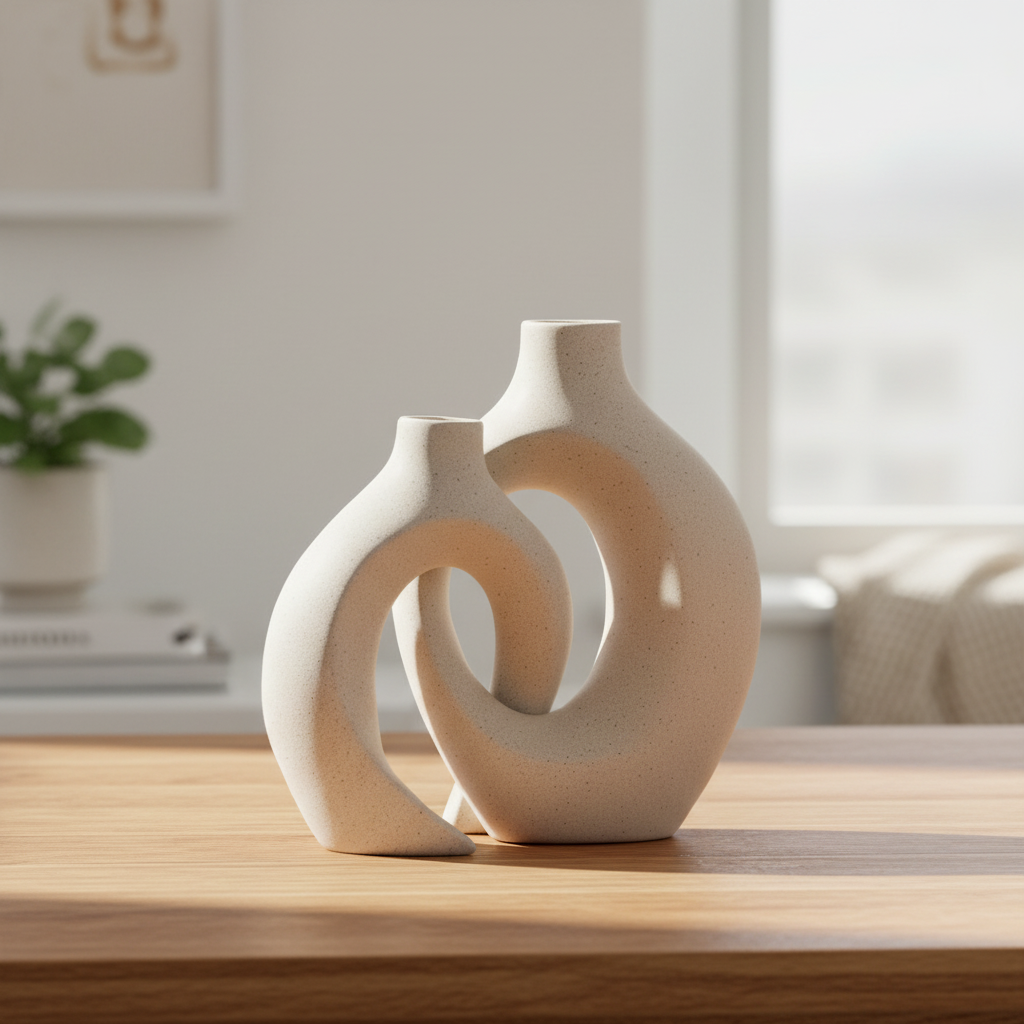 Set van 2 Keramische Japandi Vazen – Donut Vaas Klein & Groot – Moderne Decoratie