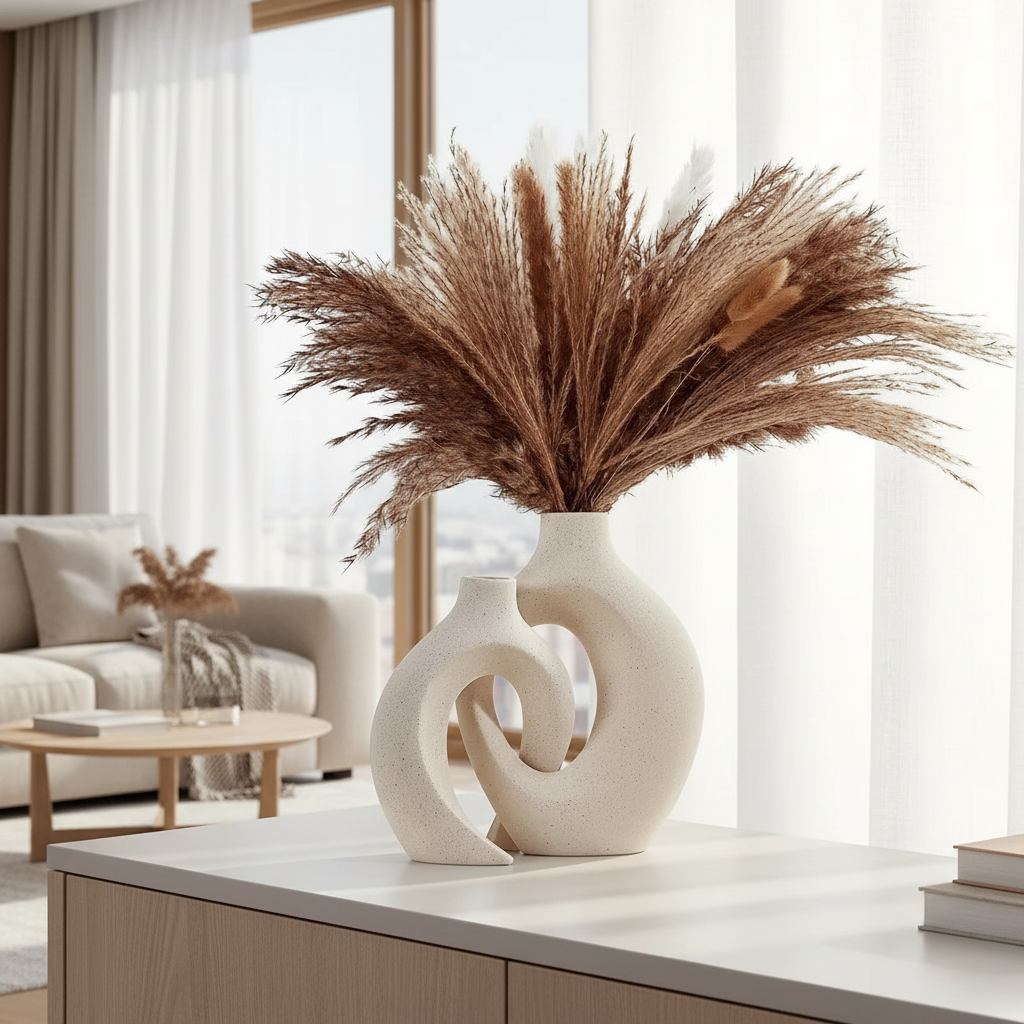 Set van 2 Keramische Japandi Vazen – Donut Vaas Klein & Groot – Moderne Decoratie