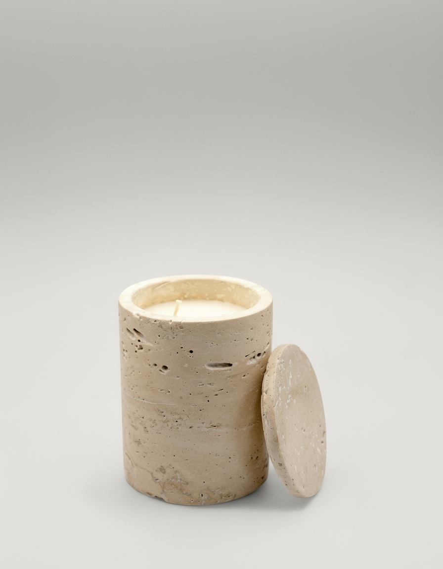Travertin Marmeren Kaars – Natuur Beige Pot – Handgemaakt