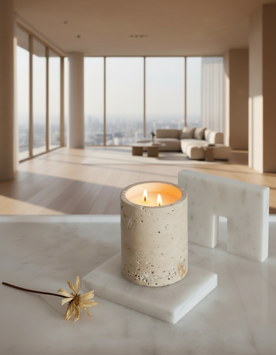 Travertin Marmeren Kaars – Natuur Beige Pot – Handgemaakt