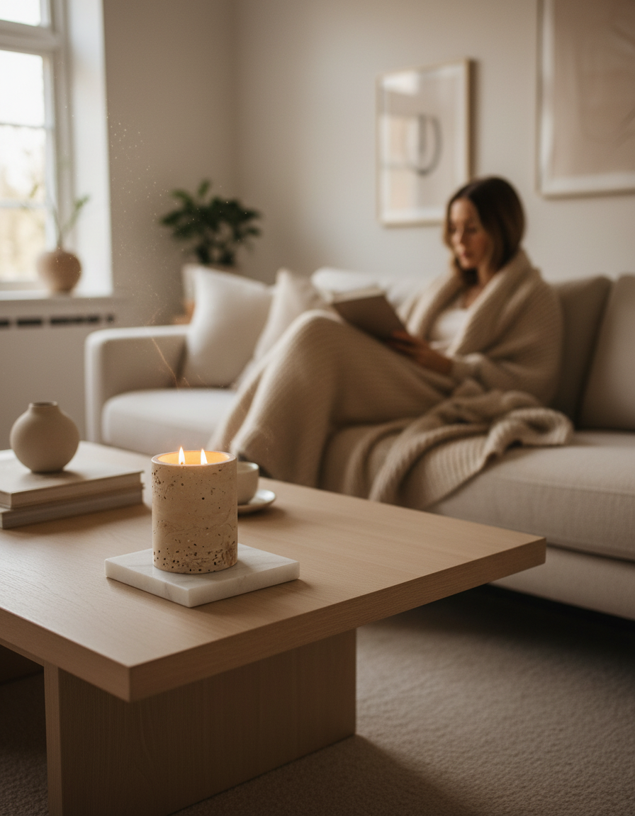 Travertin Marmeren Kaars – Natuur Beige Pot – Handgemaakt