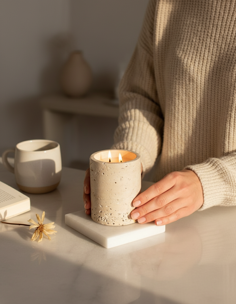 Travertin Marmeren Kaars – Natuur Beige Pot – Handgemaakt