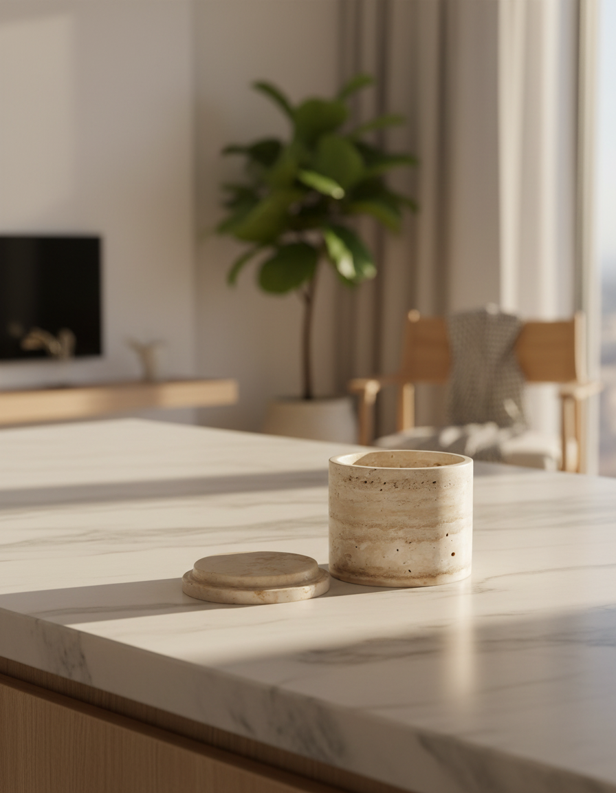 Travertin Natuursteen – Ronde Bewaarpotten van Marmer – Keukenopbergers